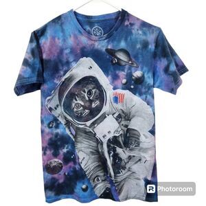 DOM Womens Space Kitty Tie Dye Short Sleeve Crewneck Tee Shirt Size Small